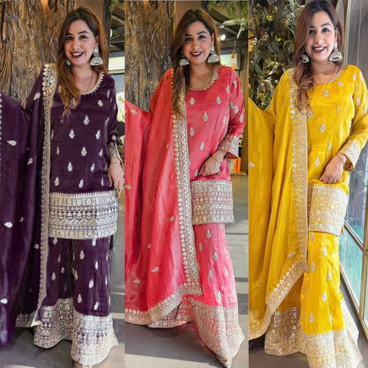 Pure Chinon Silk Kurta Palazzo with Dupatta