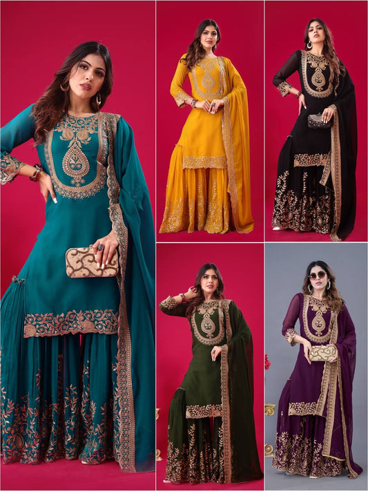 "Elegant Faux Georgette Embroidered Outfit with Plazzo and Dupatta"