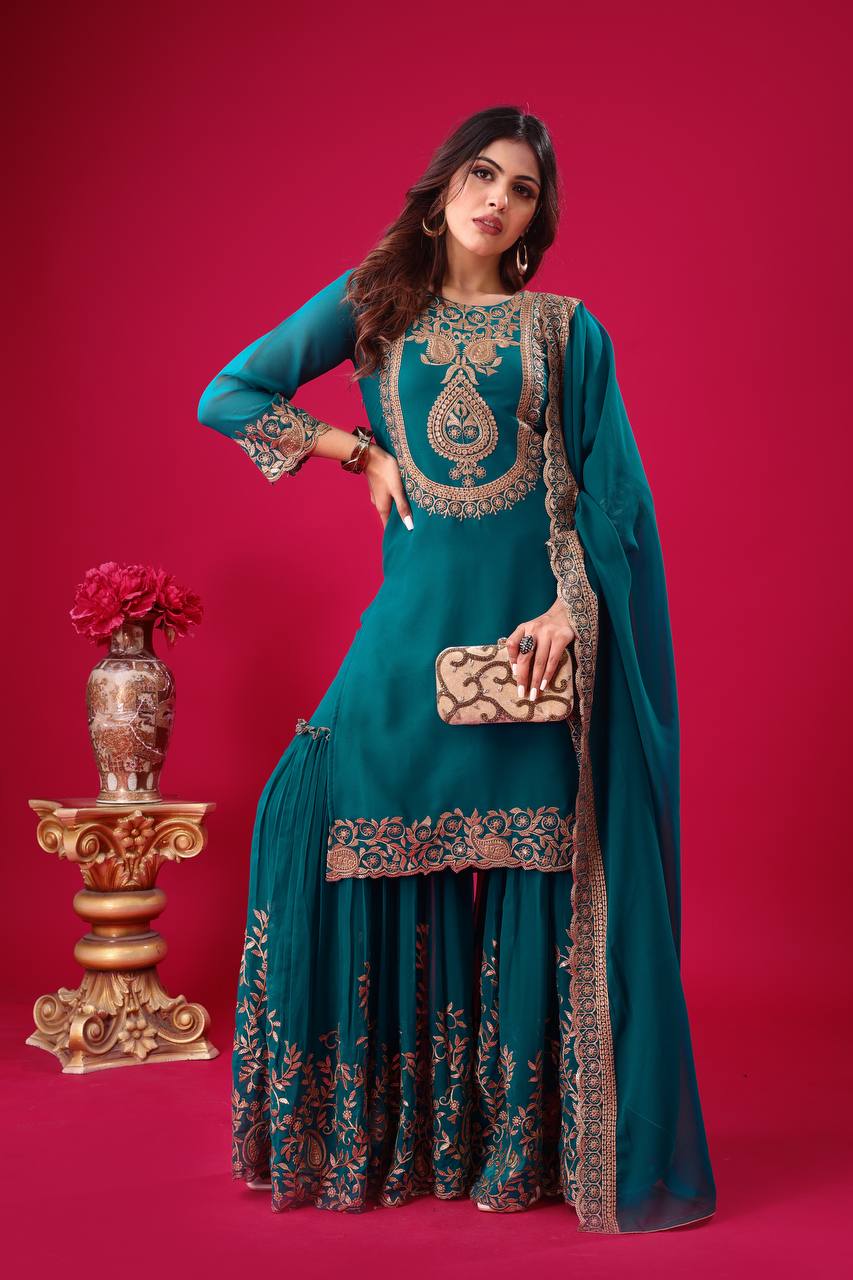 "Elegant Faux Georgette Embroidered Outfit with Plazzo and Dupatta"