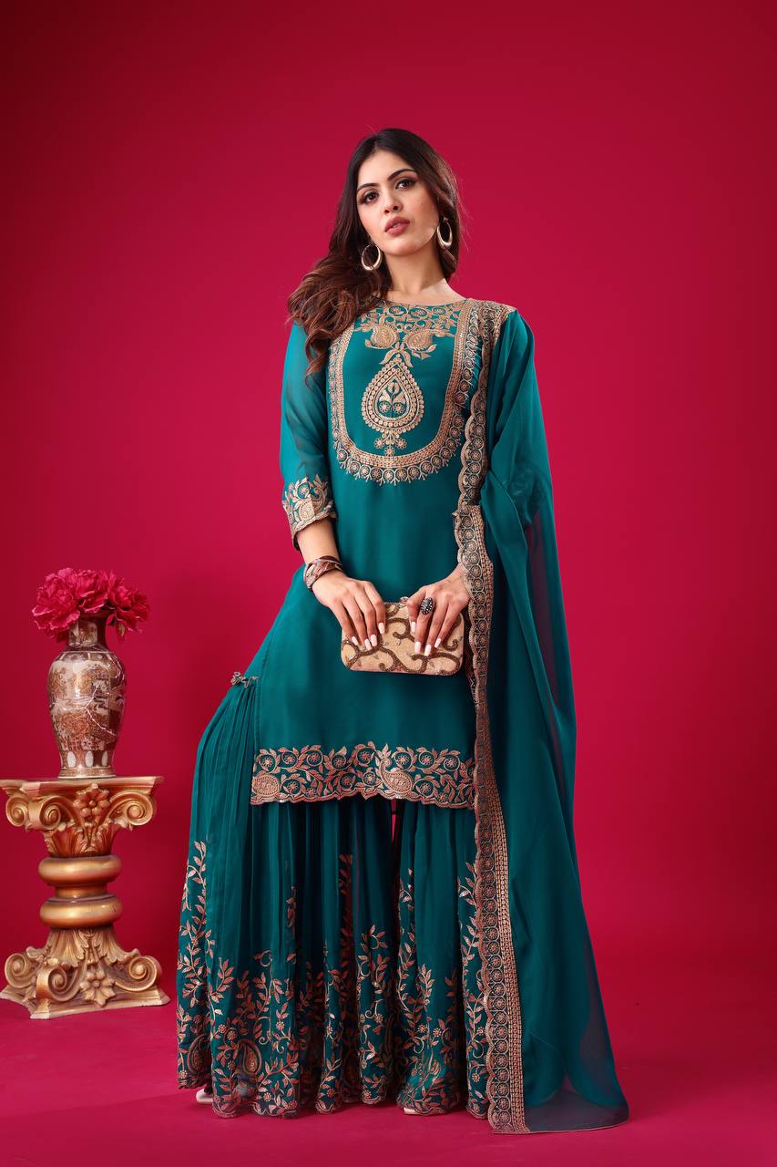 "Elegant Faux Georgette Embroidered Outfit with Plazzo and Dupatta"