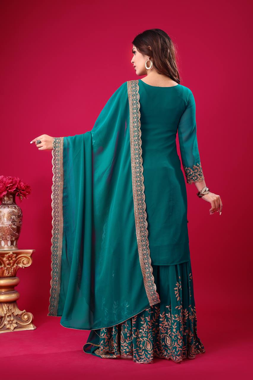 "Elegant Faux Georgette Embroidered Outfit with Plazzo and Dupatta"