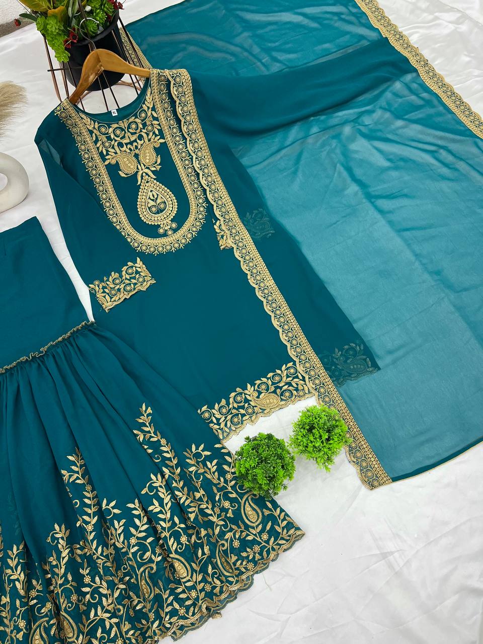 "Elegant Faux Georgette Embroidered Outfit with Plazzo and Dupatta"