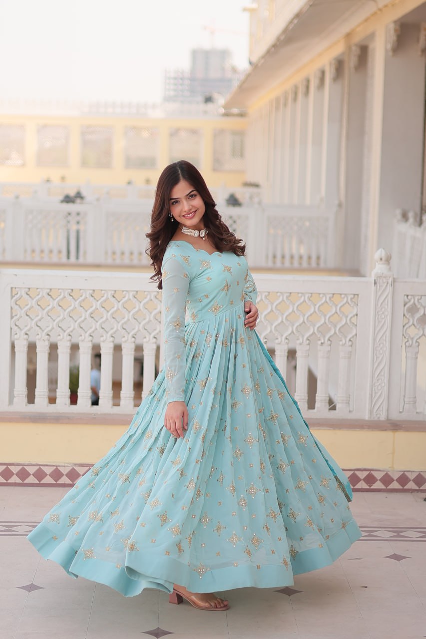 Handwork beautiful full flared anarkali gown with dupatta sets