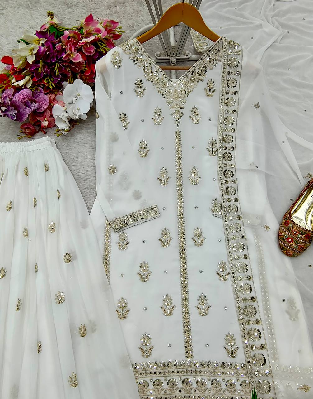 Elegant Embroidered Fox Georgette Set with Sarara & Dupatta