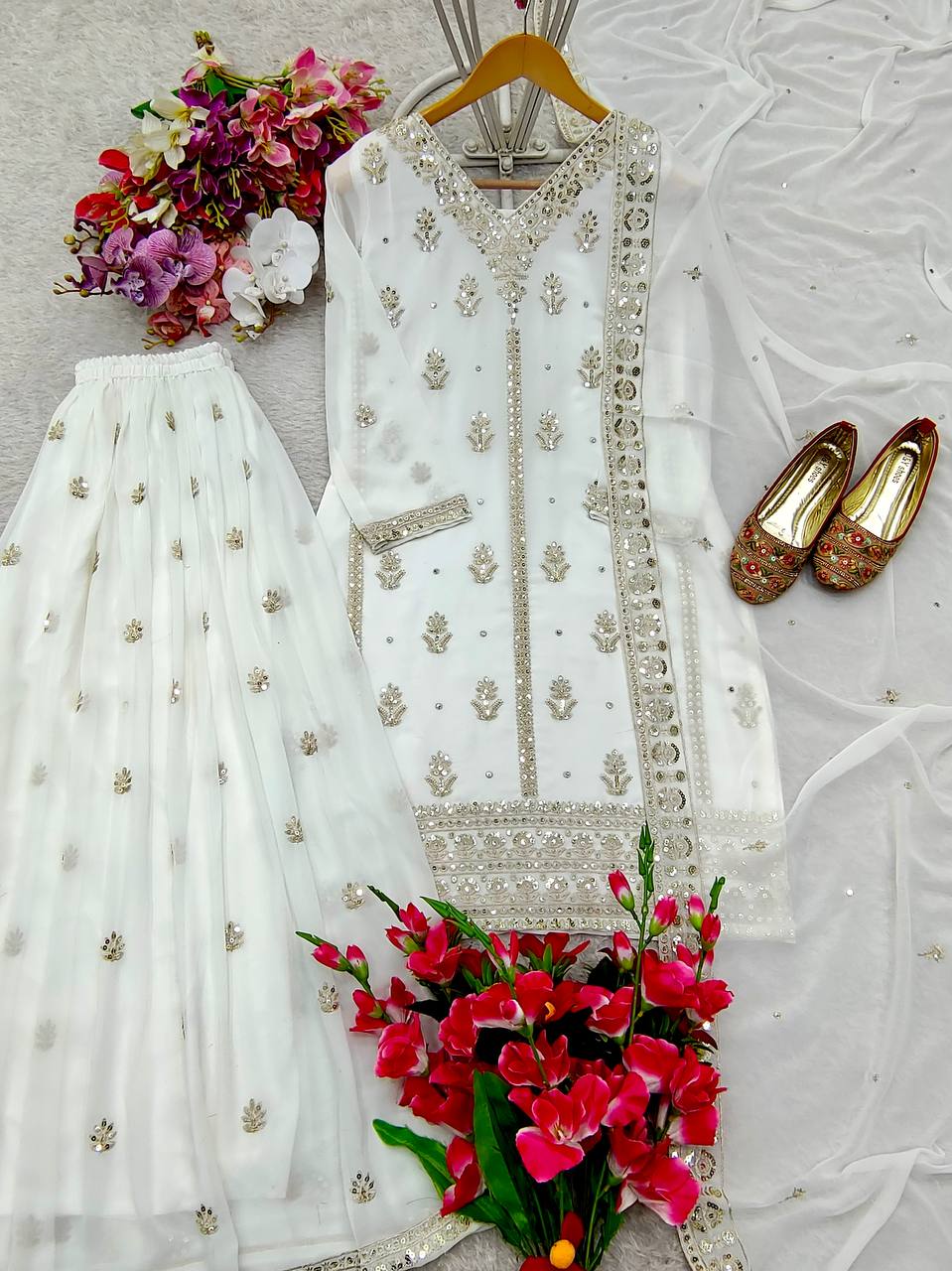 Elegant Embroidered Fox Georgette Set with Sarara & Dupatta