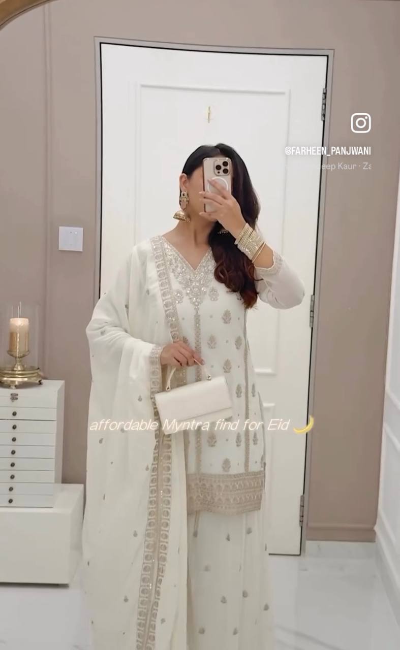 Elegant Embroidered Fox Georgette Set with Sarara & Dupatta