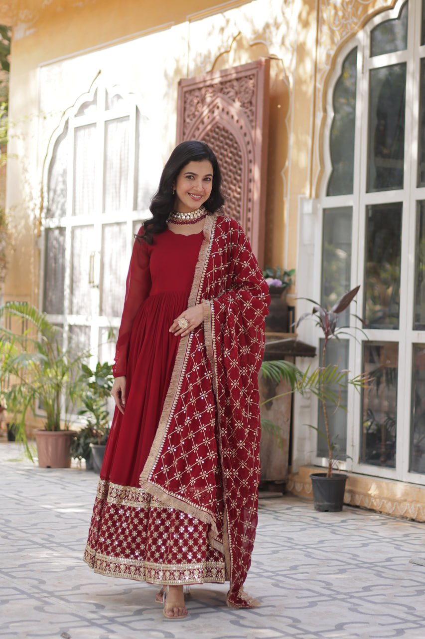 "Elegant Faux Blooming Embroidered Gown with Sequins and Designer Dupatta"