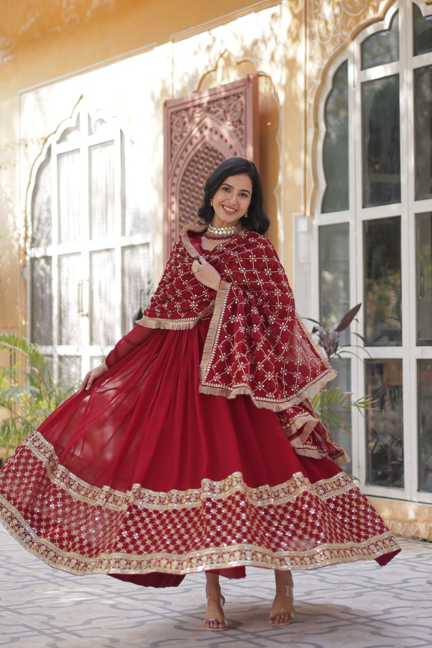 "Elegant Faux Blooming Embroidered Gown with Sequins and Designer Dupatta"