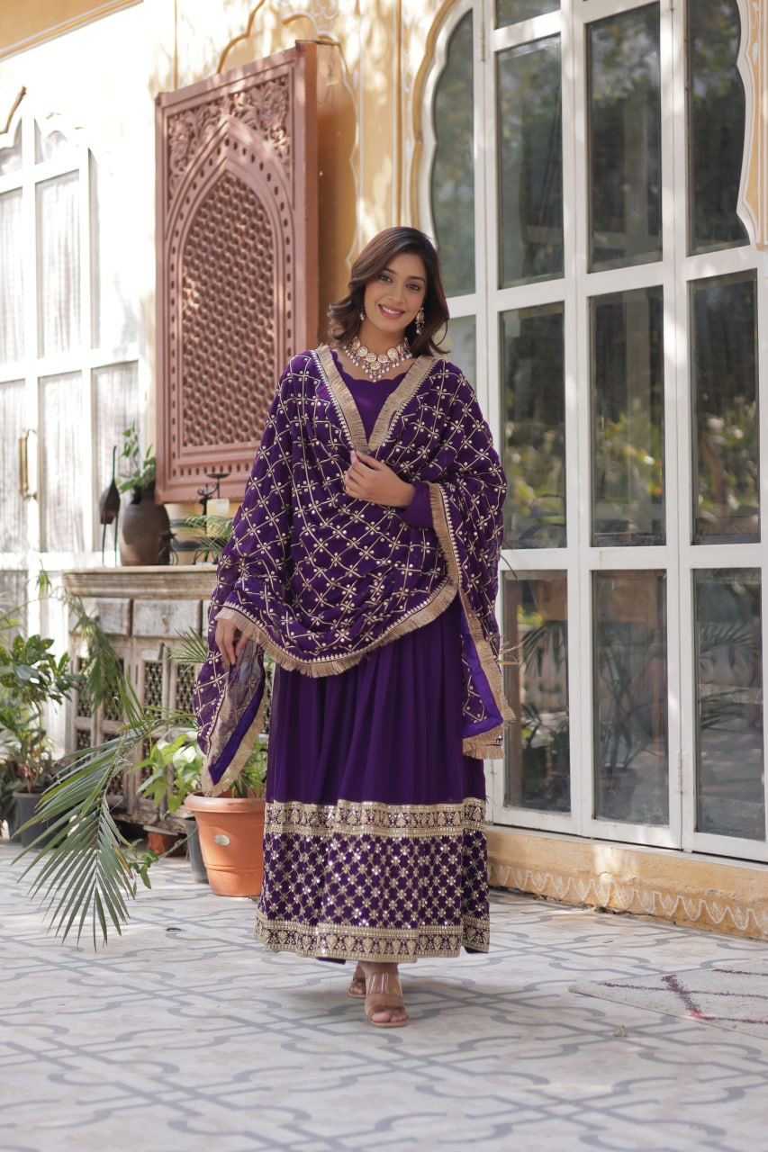 "Elegant Faux Blooming Embroidered Gown with Sequins and Designer Dupatta"