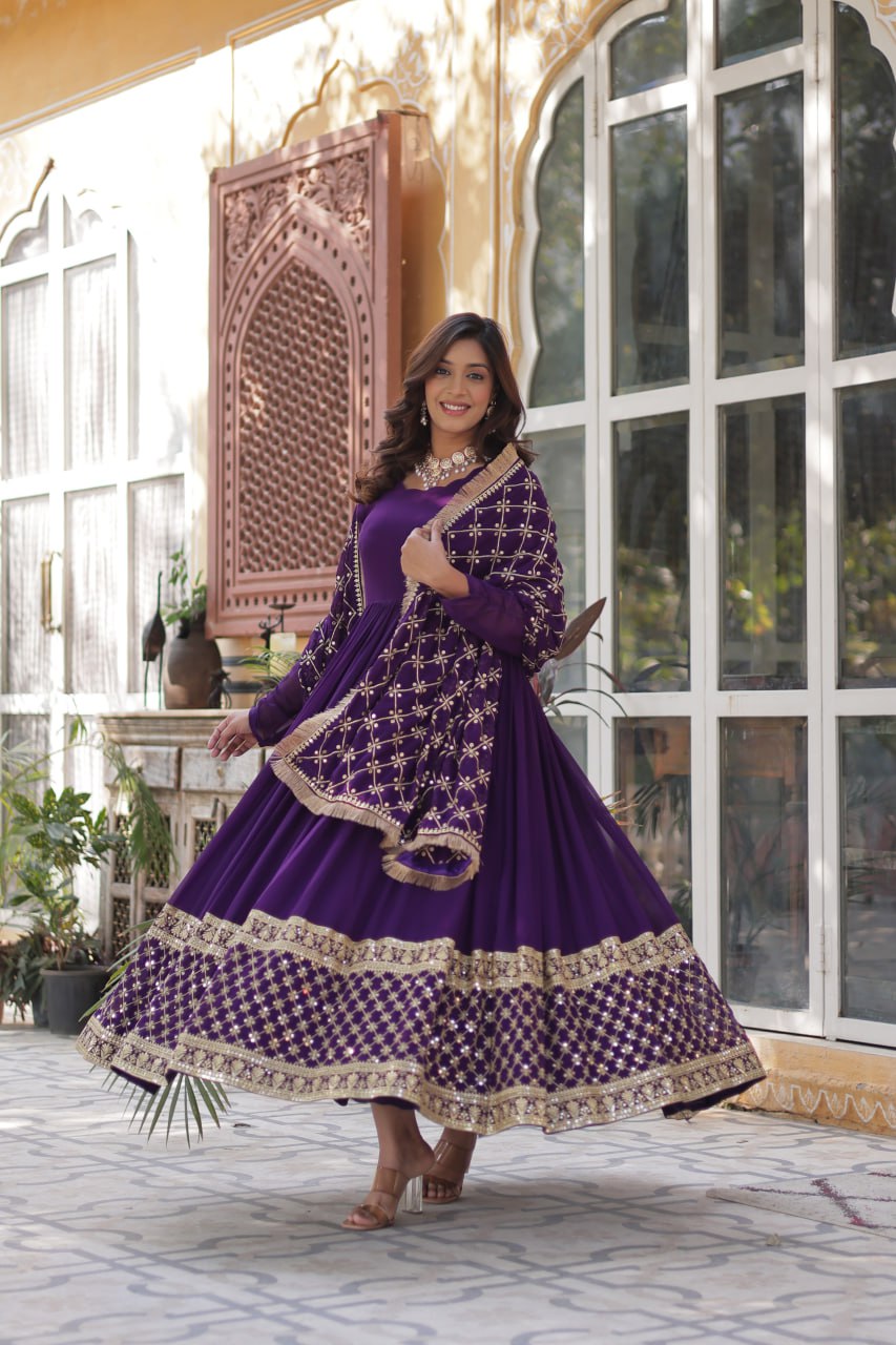 "Elegant Faux Blooming Embroidered Gown with Sequins and Designer Dupatta"