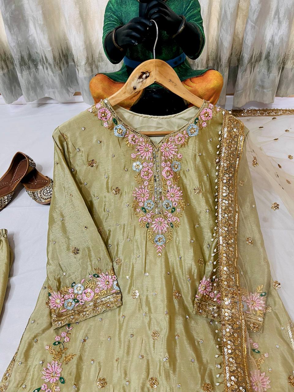 "Elegant Chinon Silk Kurti-Plazzo Set with Sequins & Zari Embroidery"