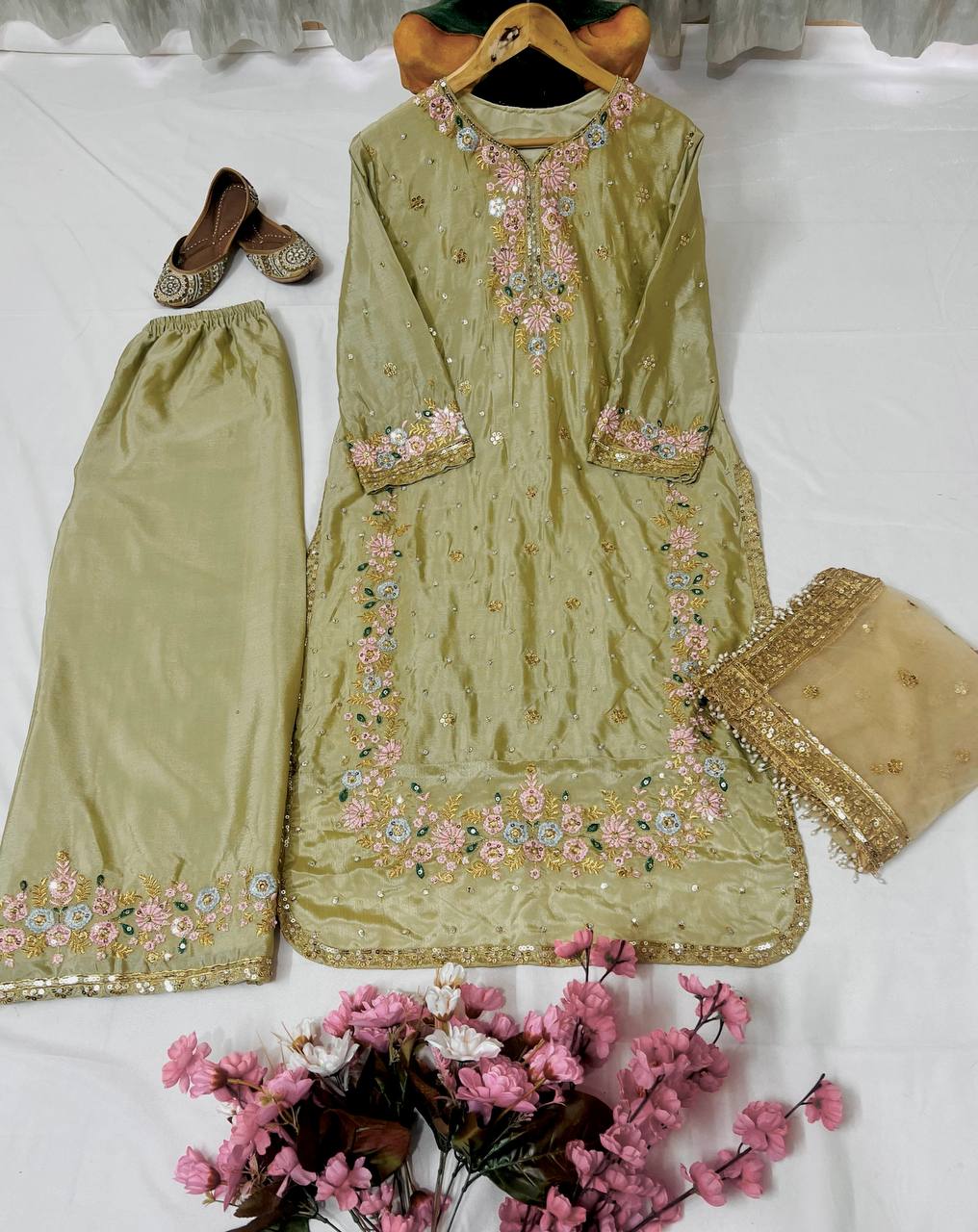 "Elegant Chinon Silk Kurti-Plazzo Set with Sequins & Zari Embroidery"