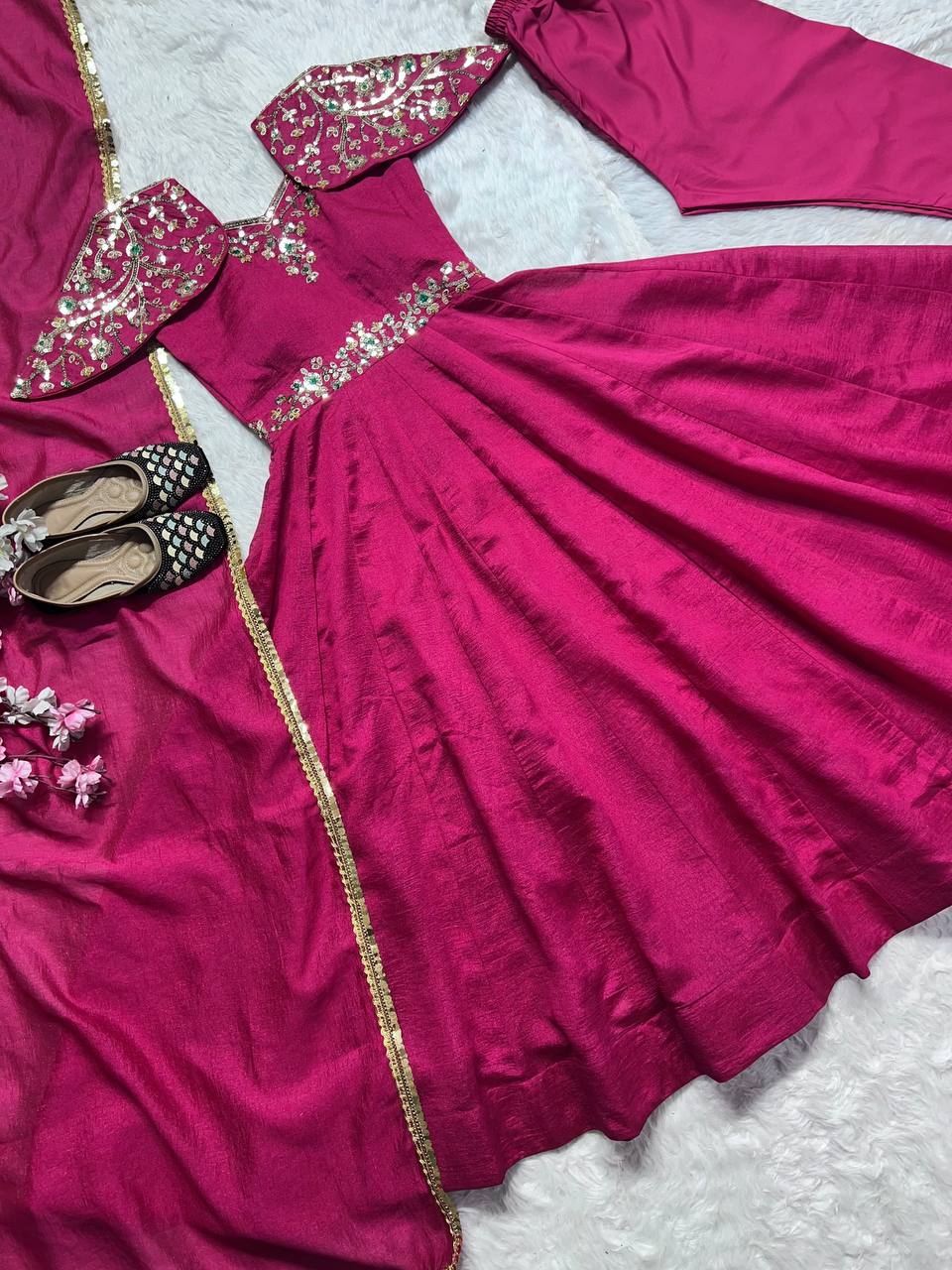 Silk embroidered sequence work gown with dupatta sets