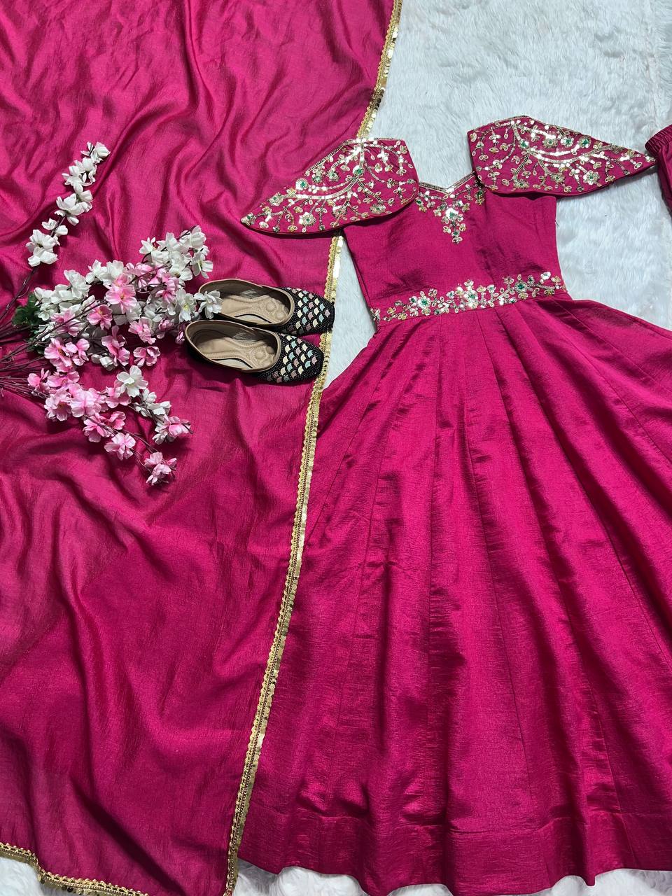 Silk embroidered sequence work gown with dupatta sets