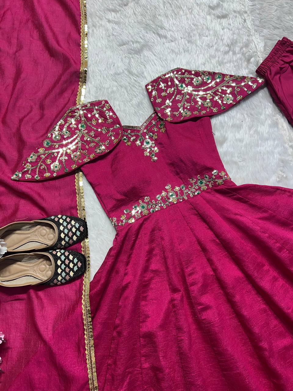 Silk embroidered sequence work gown with dupatta sets