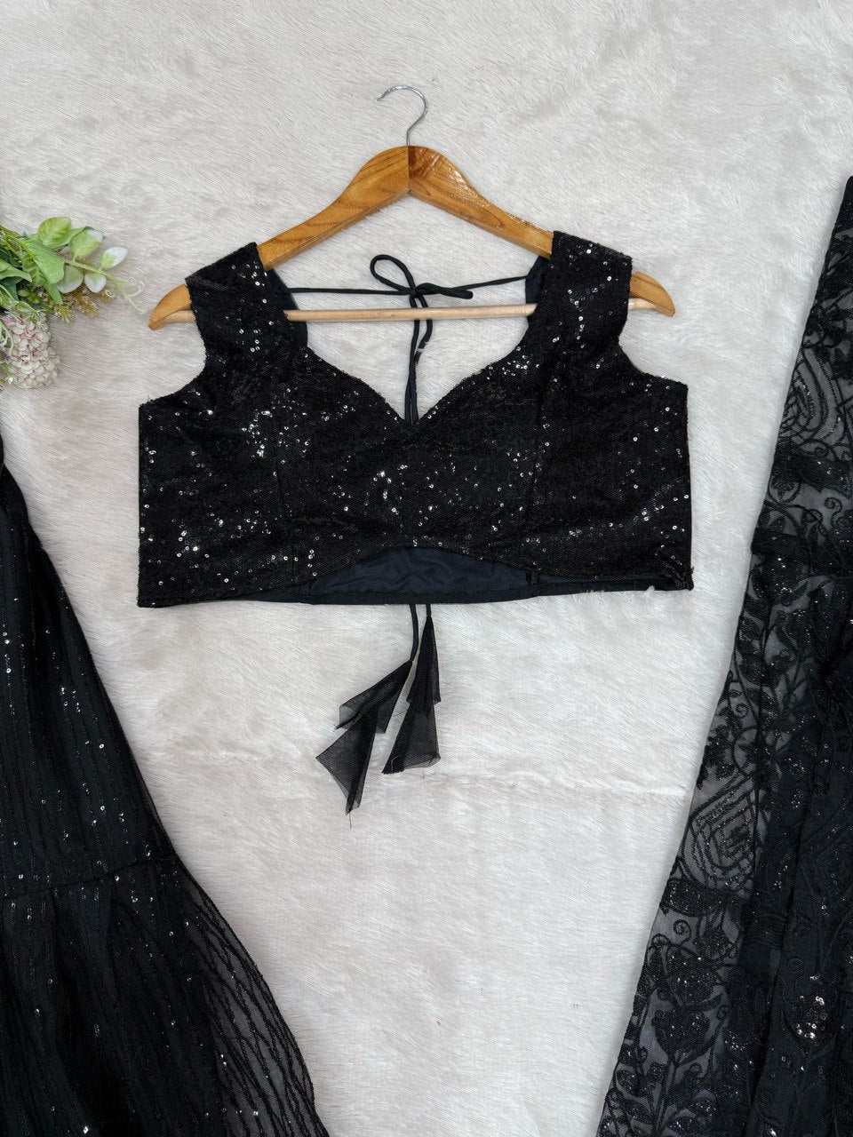 "Elegant Butterfly Net Choli, Plazo & Shrug Set – With Thread and Sequence Work"