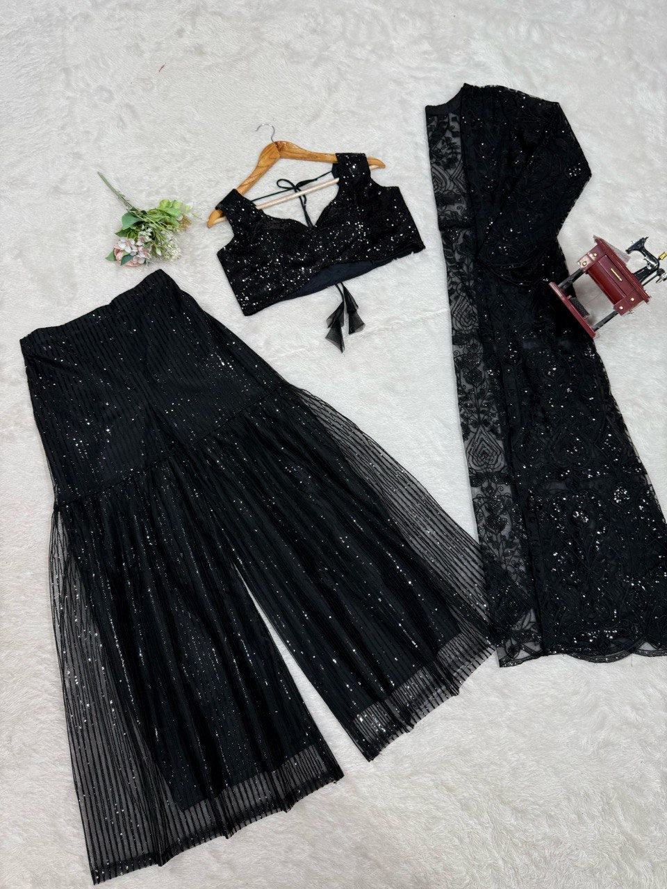 "Elegant Butterfly Net Choli, Plazo & Shrug Set – With Thread and Sequence Work"