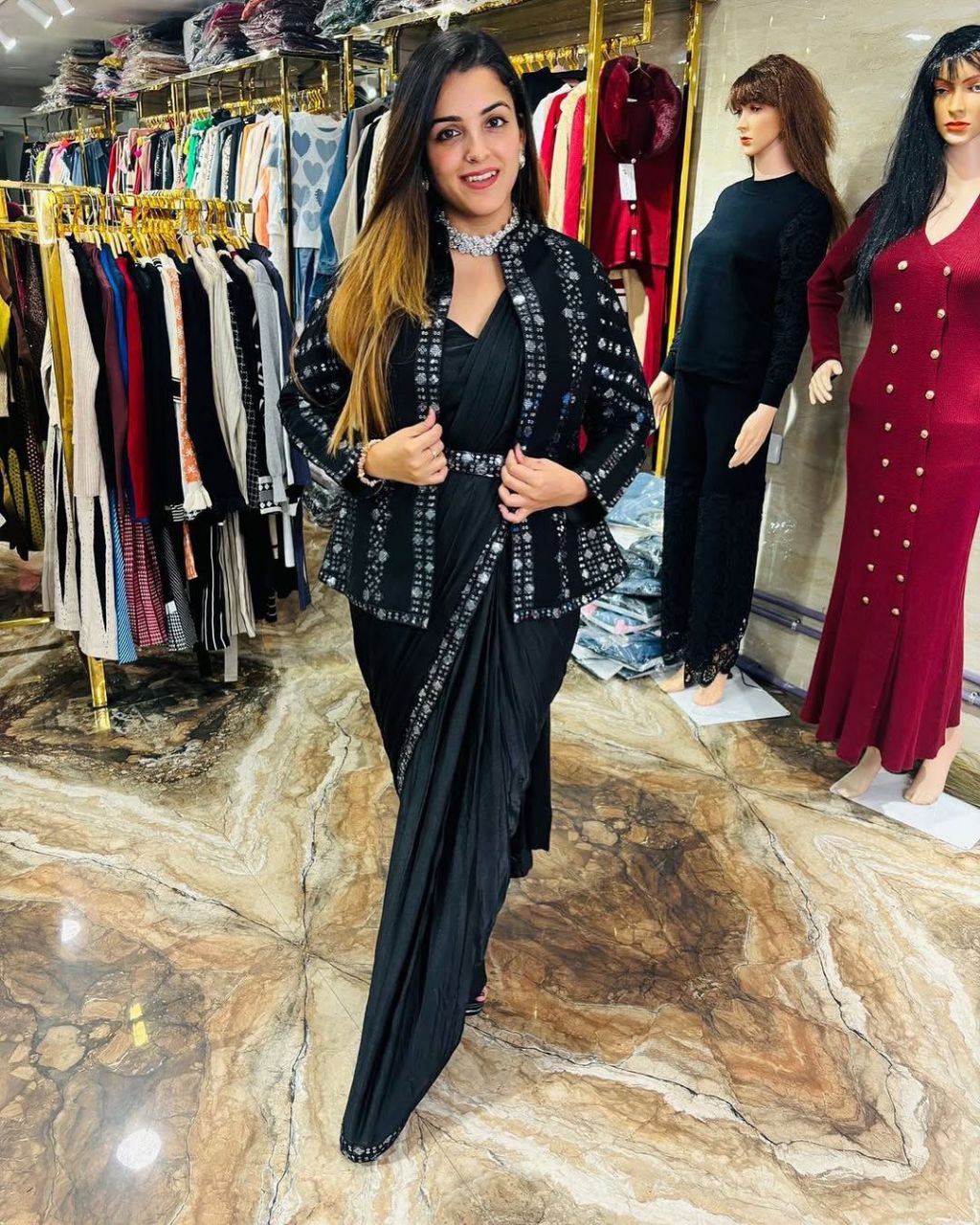 Elegant Heavy Satin Embroidered Saree Set with Jacket & Blouse