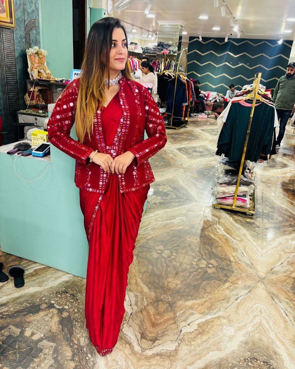 Elegant Heavy Satin Embroidered Saree Set with Jacket & Blouse