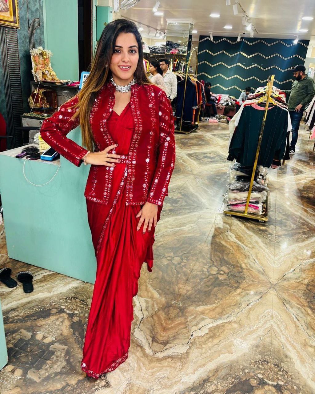 Elegant Heavy Satin Embroidered Saree Set with Jacket & Blouse