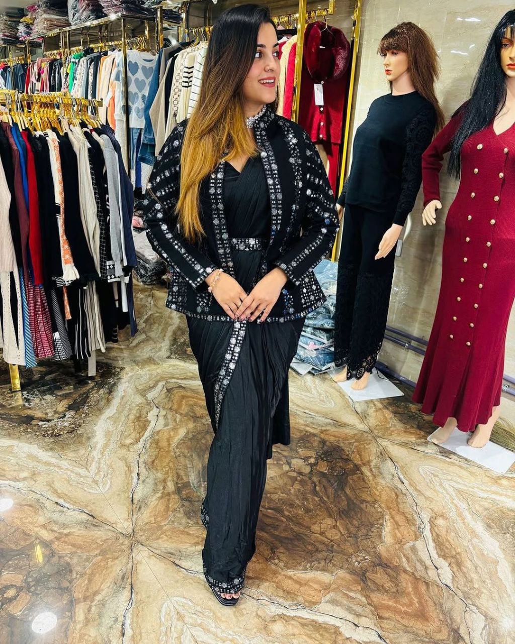 Elegant Heavy Satin Embroidered Saree Set with Jacket & Blouse