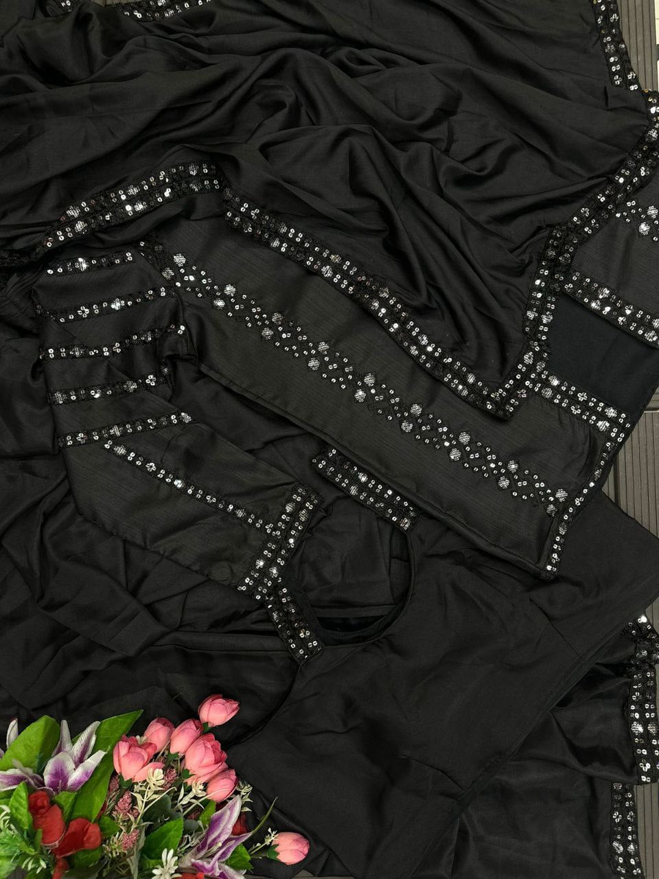 Elegant Heavy Satin Embroidered Saree Set with Jacket & Blouse