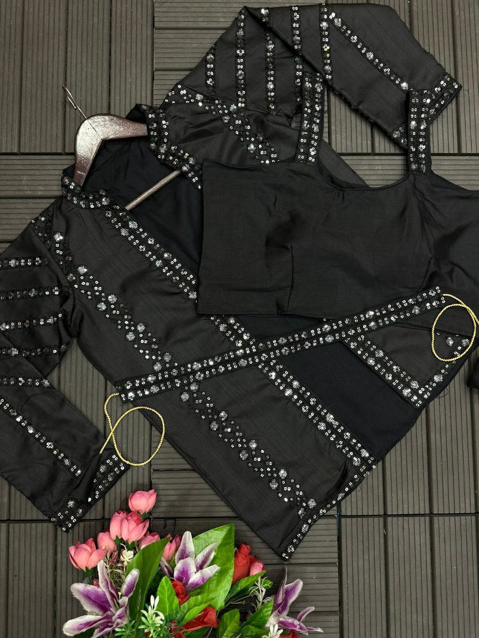 Elegant Heavy Satin Embroidered Saree Set with Jacket & Blouse