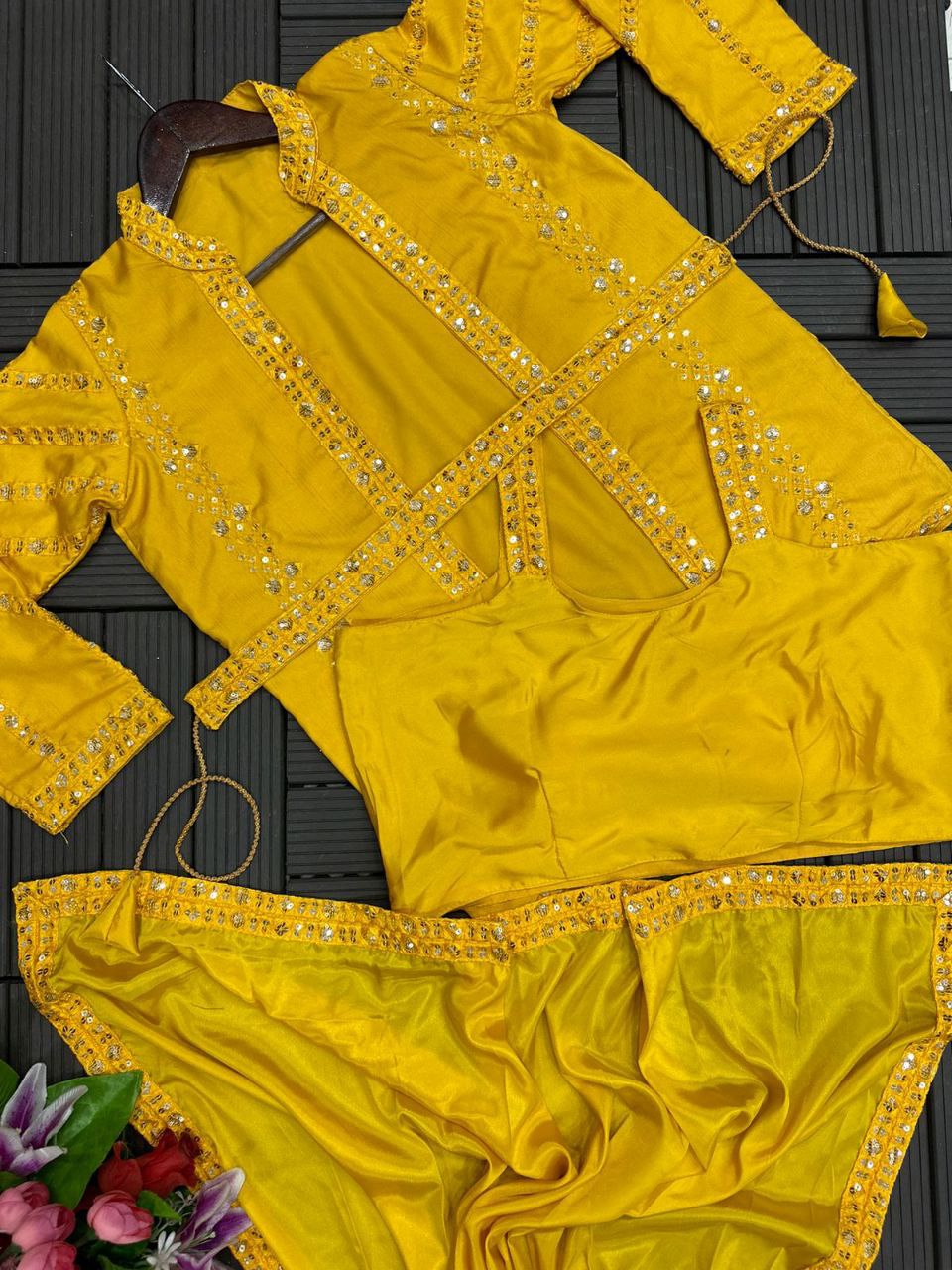 Elegant Heavy Satin Embroidered Saree Set with Jacket & Blouse