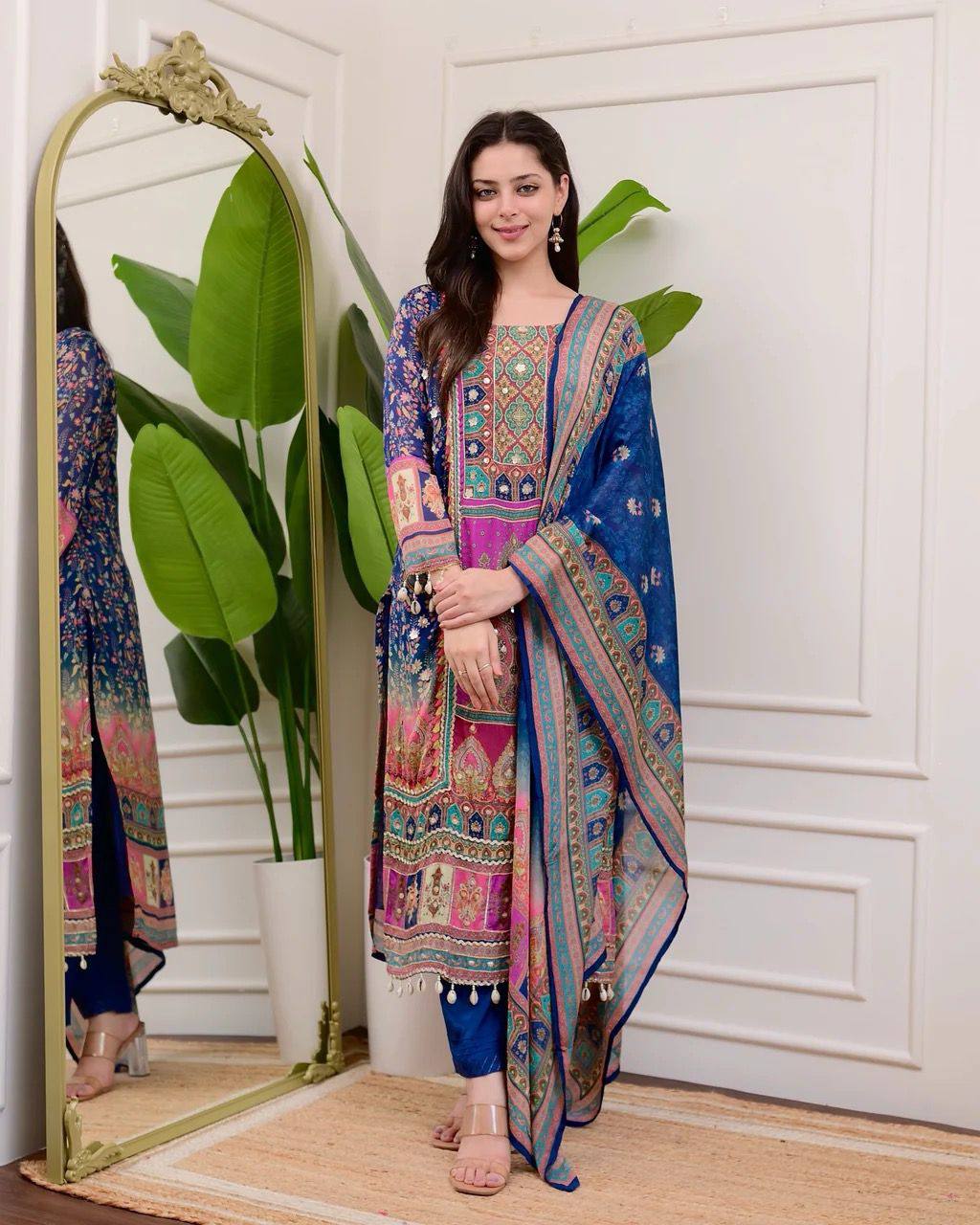 "Elegant Chinon Mirror Work Set with Silk Inner - Top, Pant & Printed Dupatta"