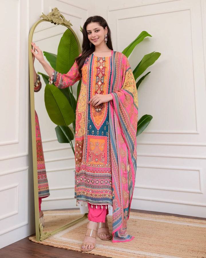 "Elegant Chinon Mirror Work Set with Silk Inner - Top, Pant & Printed Dupatta"
