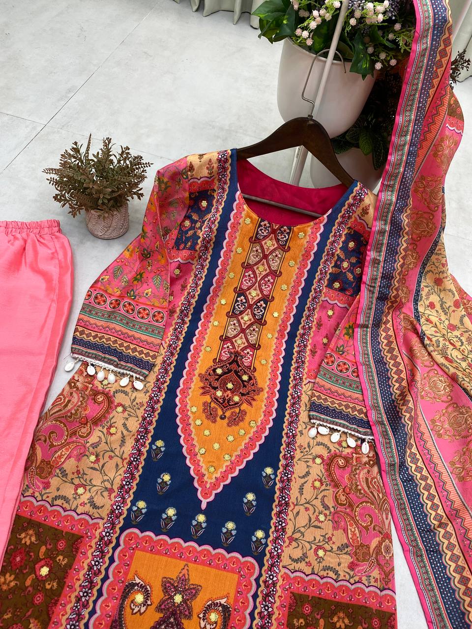 "Elegant Chinon Mirror Work Set with Silk Inner - Top, Pant & Printed Dupatta"