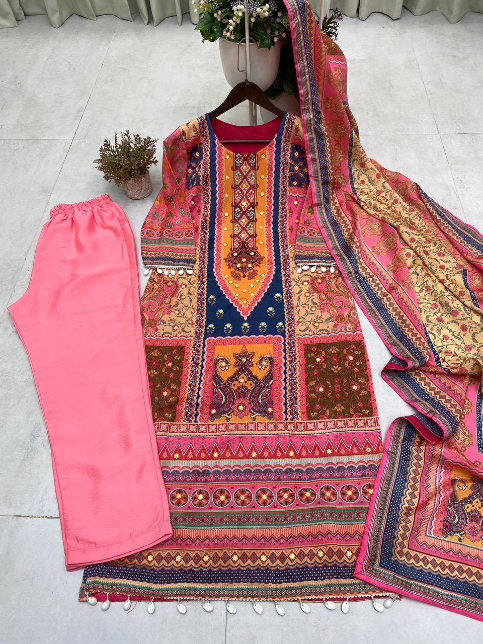 "Elegant Chinon Mirror Work Set with Silk Inner - Top, Pant & Printed Dupatta"