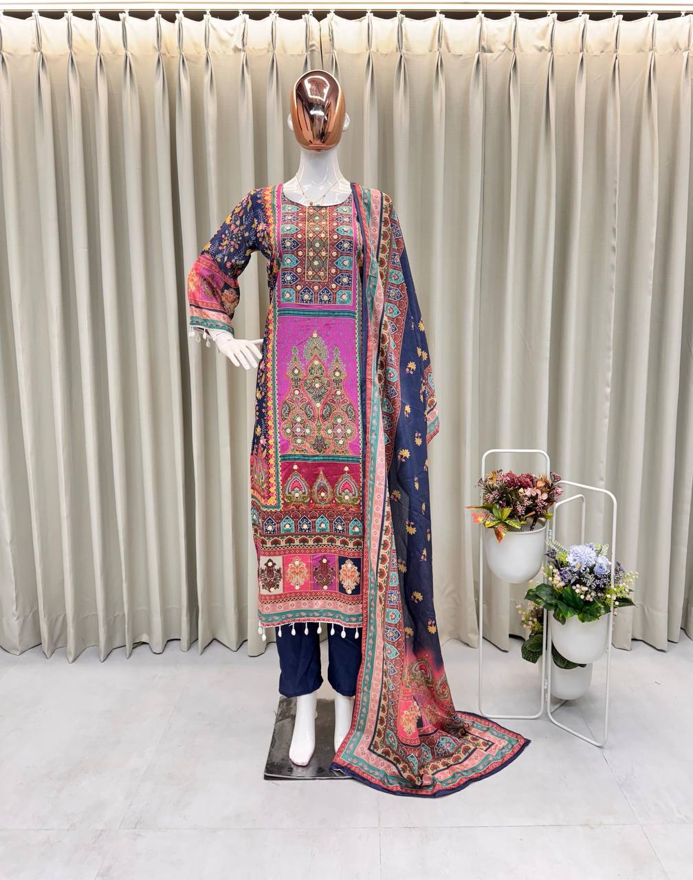 "Elegant Chinon Mirror Work Set with Silk Inner - Top, Pant & Printed Dupatta"