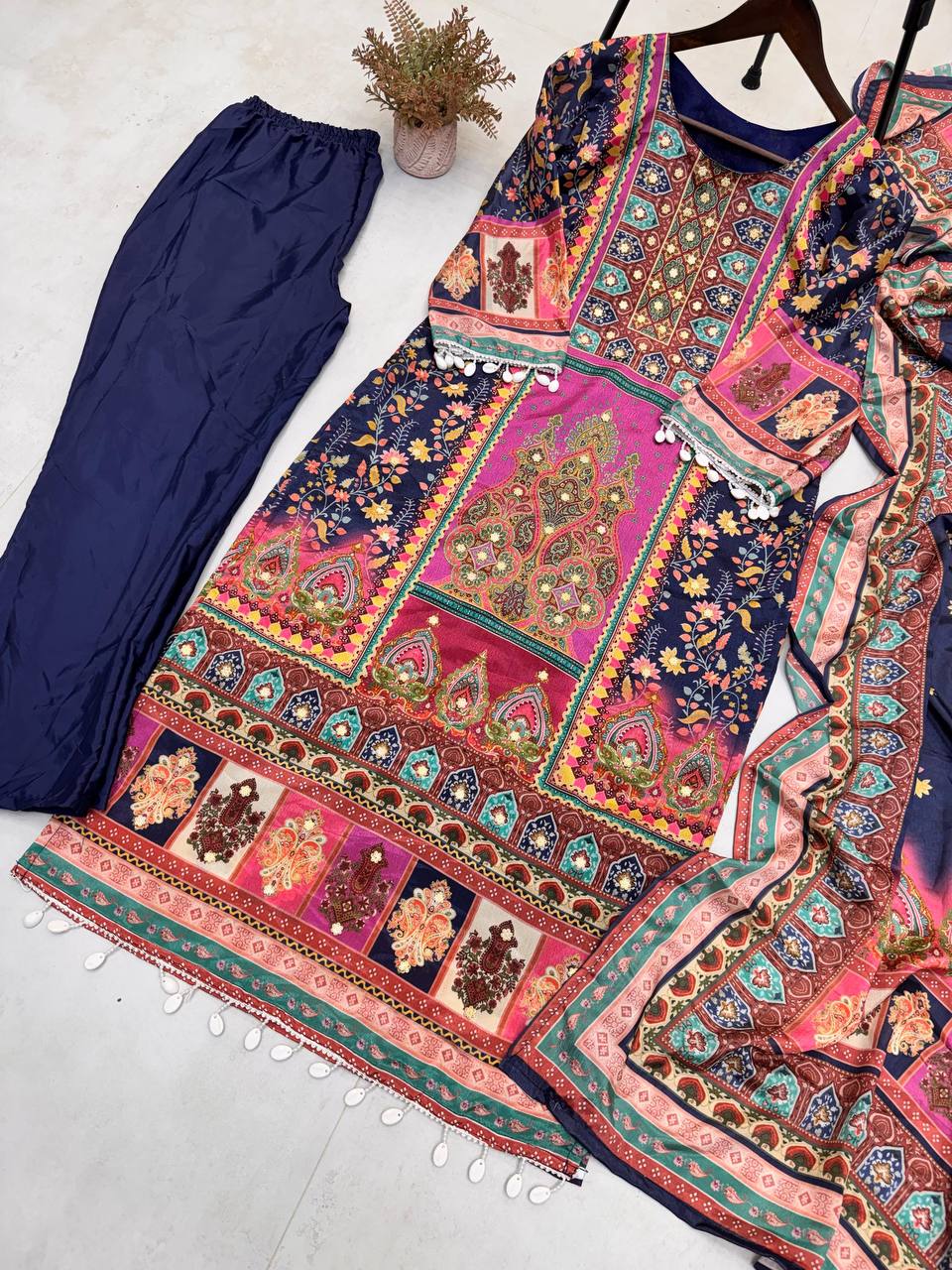 "Elegant Chinon Mirror Work Set with Silk Inner - Top, Pant & Printed Dupatta"
