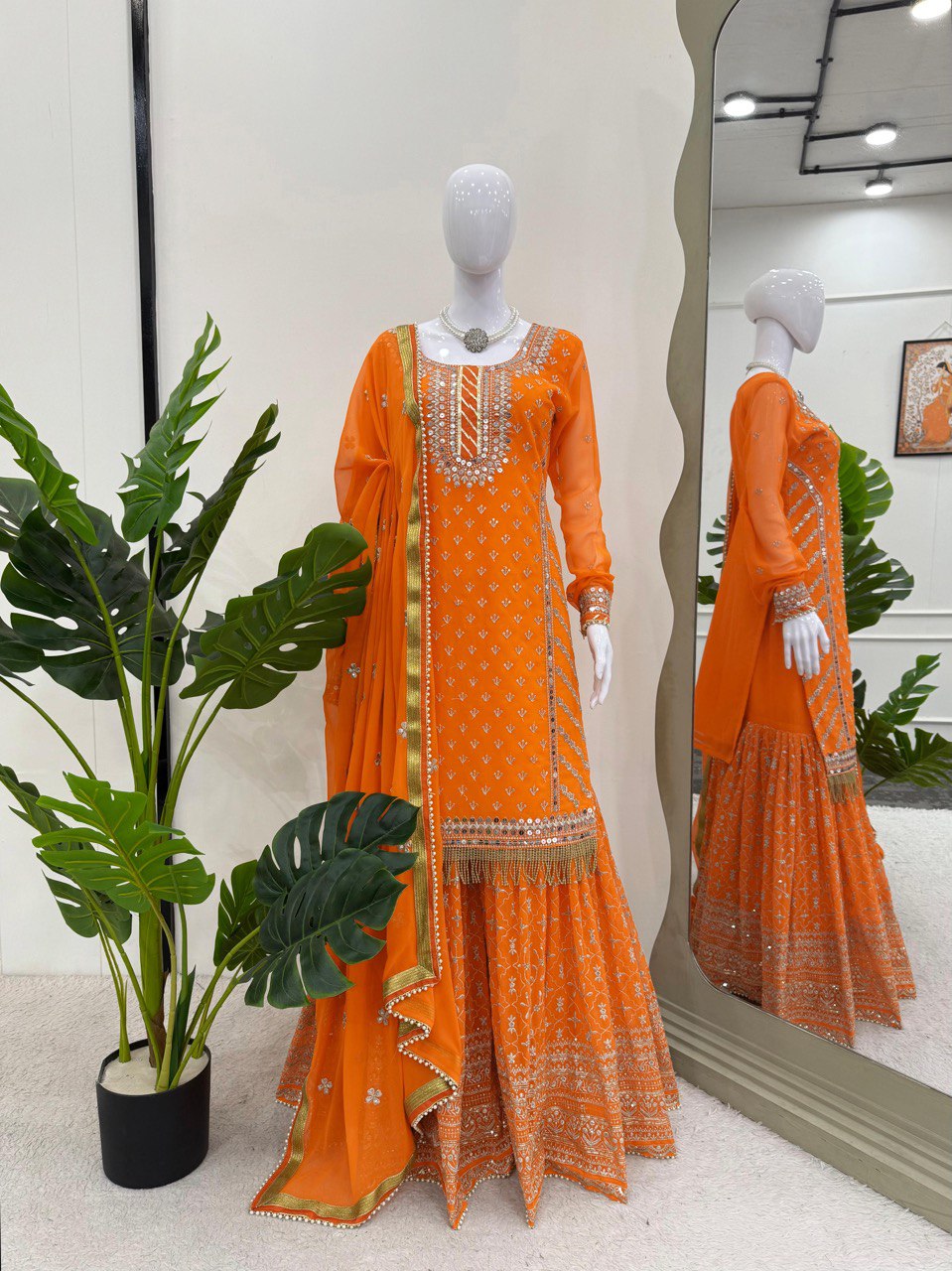 "Elegant Sequins: Foux Gorgette Top & Sharara Set"