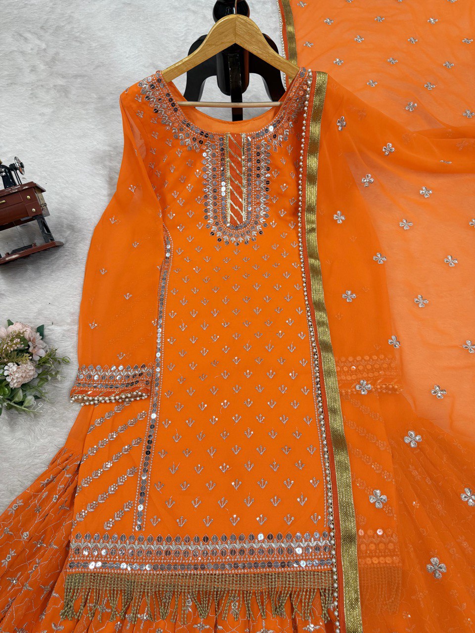 "Elegant Sequins: Foux Gorgette Top & Sharara Set"