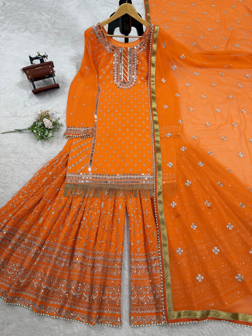 "Elegant Sequins: Foux Gorgette Top & Sharara Set"