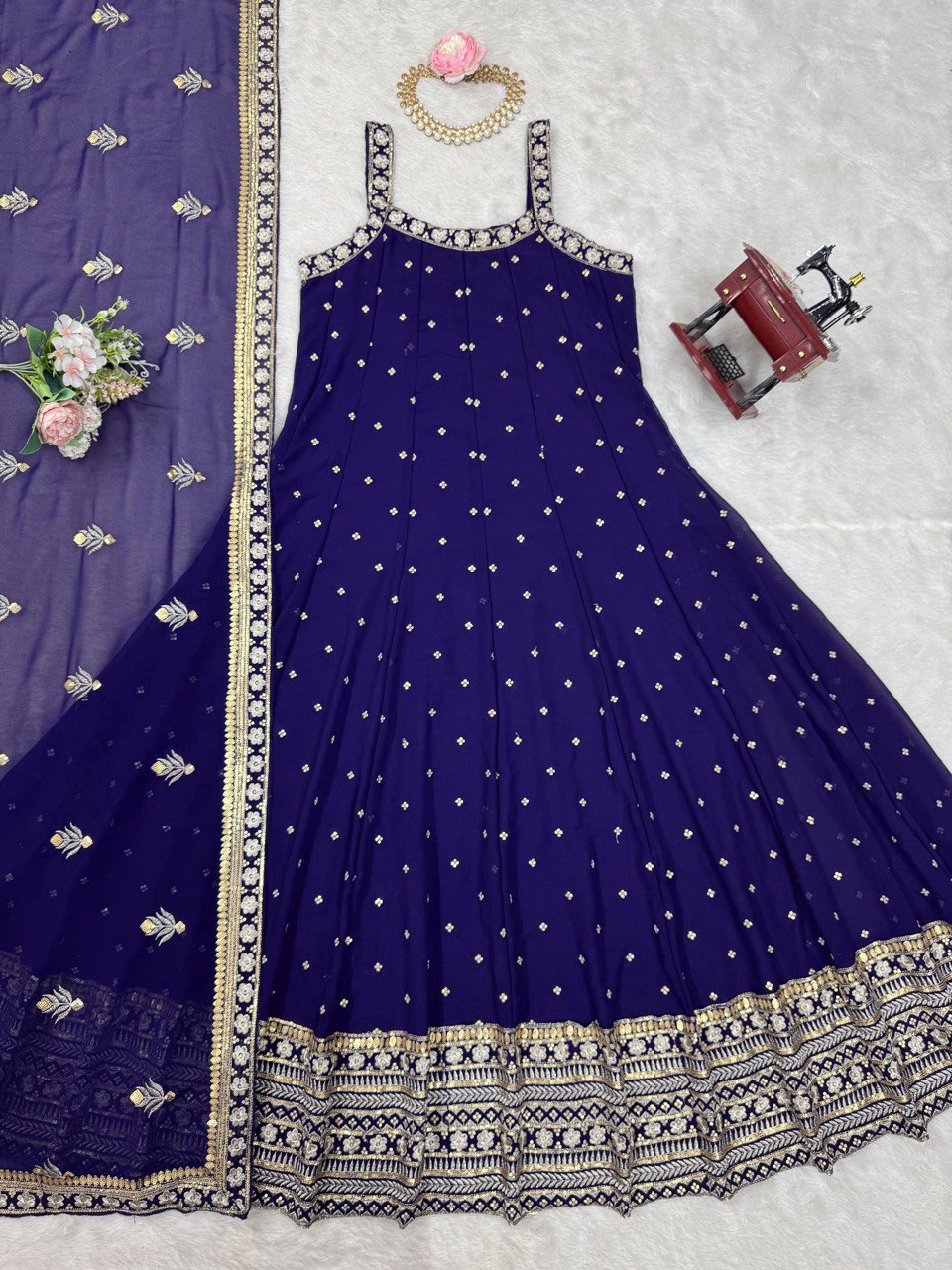 "Elegant Foux Gorgette Ensemble with Sequins and Lace Detailing"