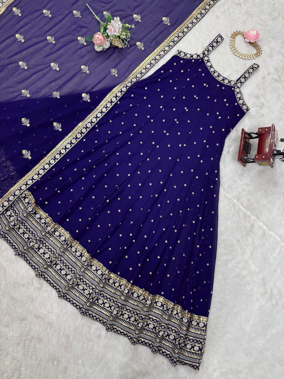 "Elegant Foux Gorgette Ensemble with Sequins and Lace Detailing"