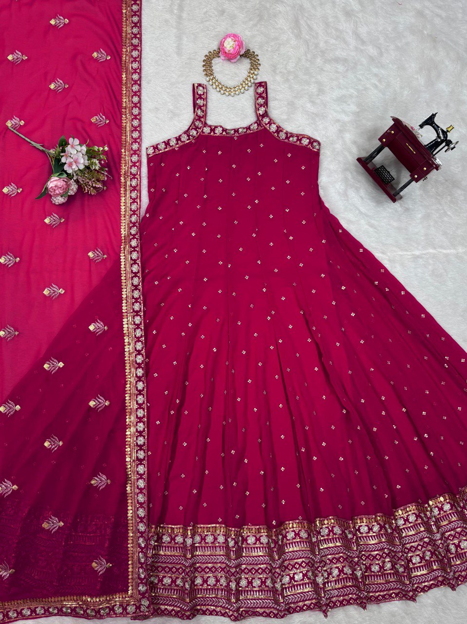 "Elegant Foux Gorgette Ensemble with Sequins and Lace Detailing"