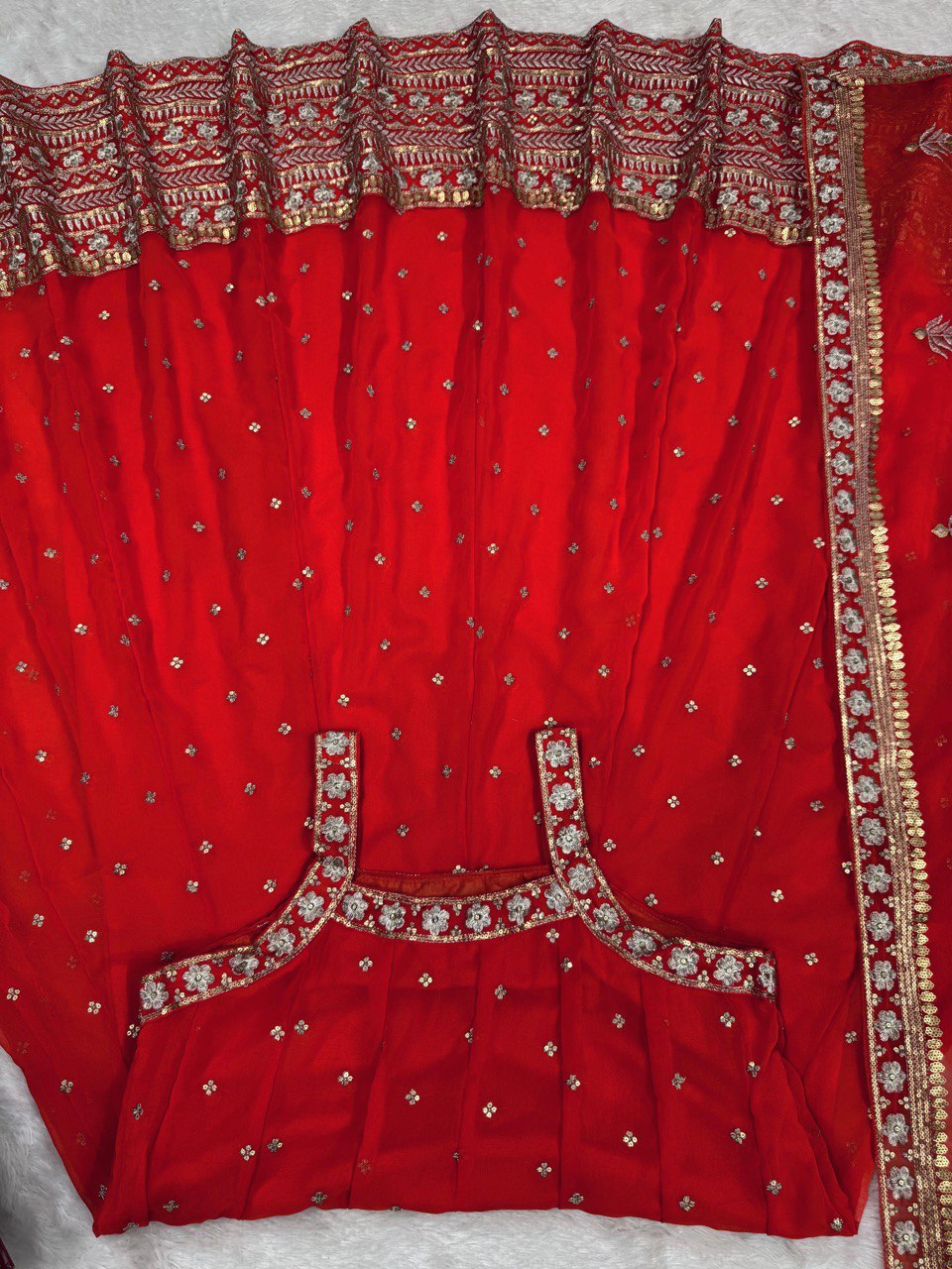 "Elegant Foux Gorgette Ensemble with Sequins and Lace Detailing"