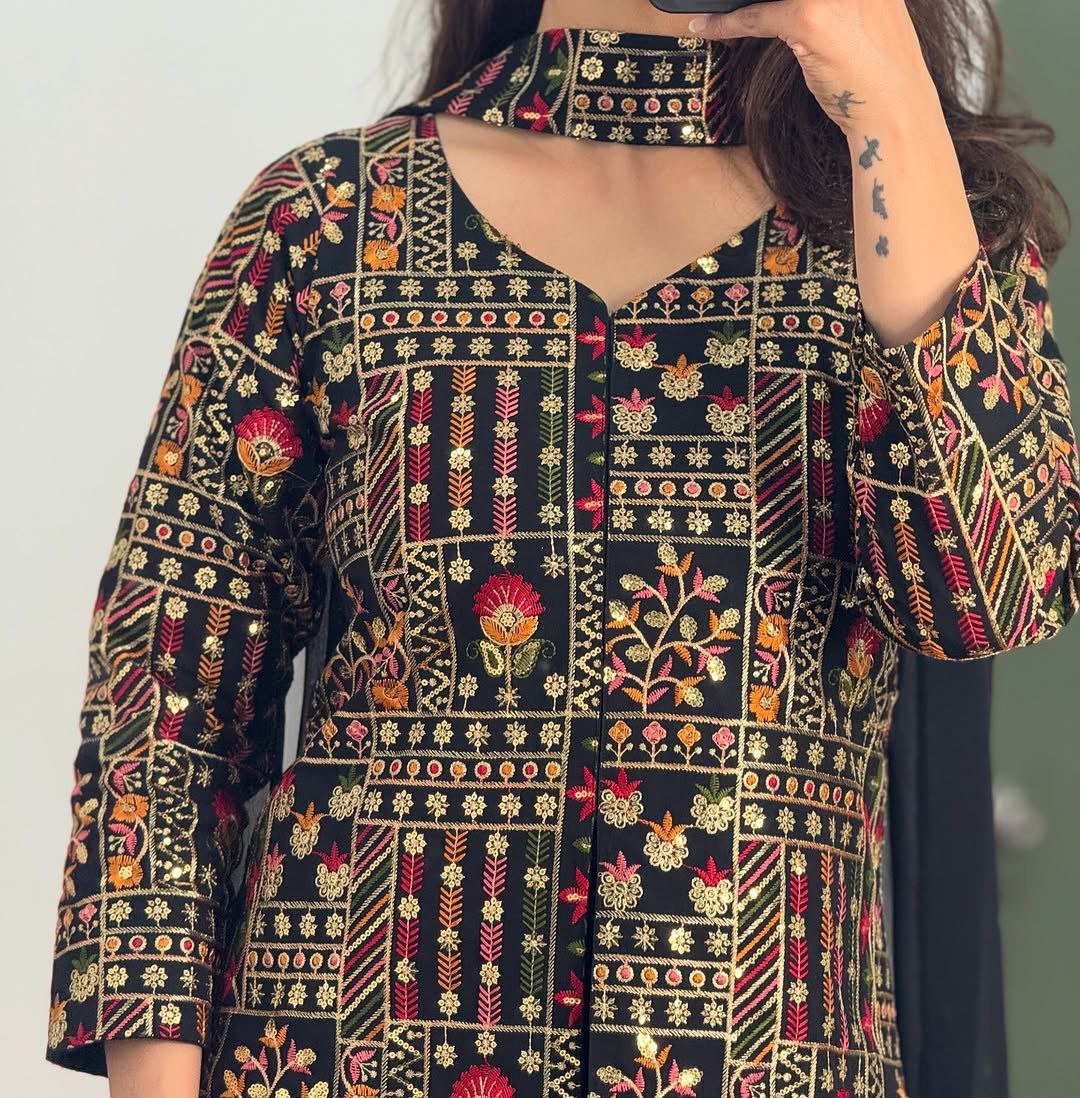 "Luxury Georgette Jacket & Plazzo Set with Embroidery"