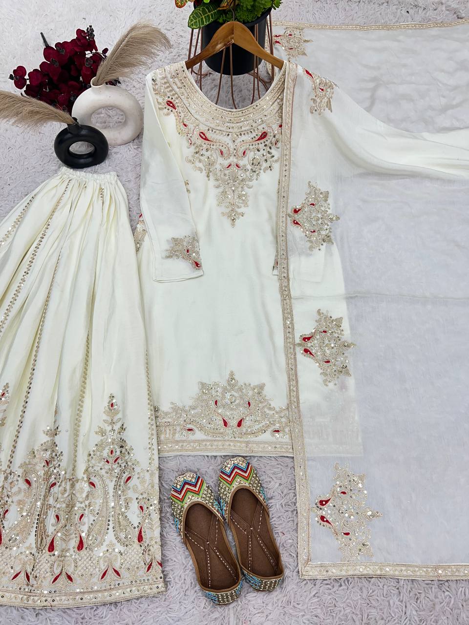 Wedding wear chinnon silk hand embroidered kurta palazzo with dupatta sets