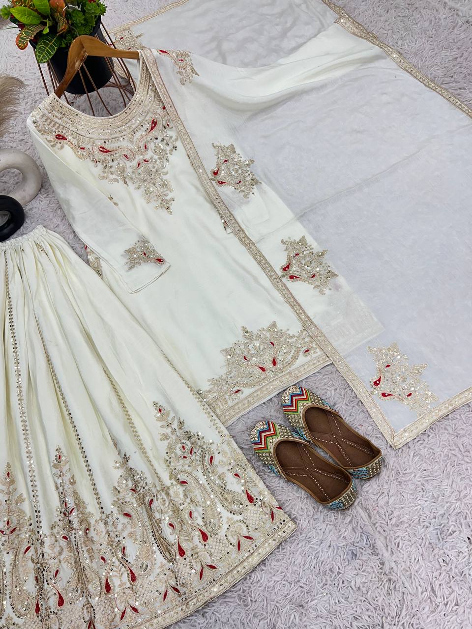 Wedding wear chinnon silk hand embroidered kurta palazzo with dupatta sets