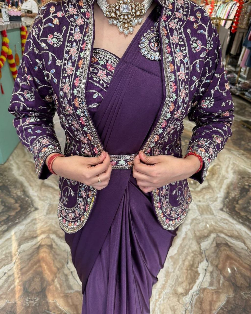 "Elegant Satin Embroidered Saree with Jalpari Jacket and Embroidery Belt"