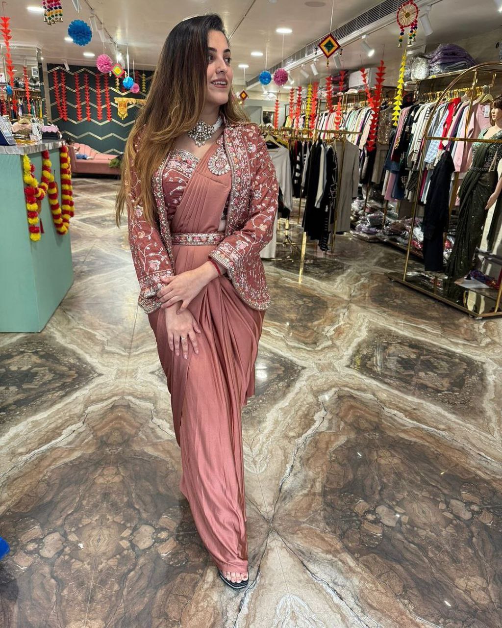 "Elegant Satin Embroidered Saree with Jalpari Jacket and Embroidery Belt"