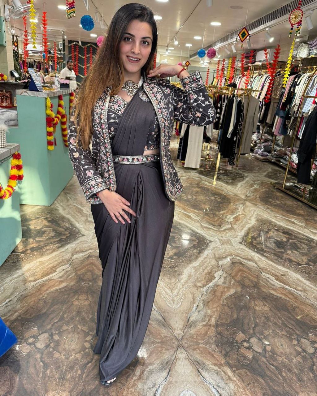 "Elegant Satin Embroidered Saree with Jalpari Jacket and Embroidery Belt"