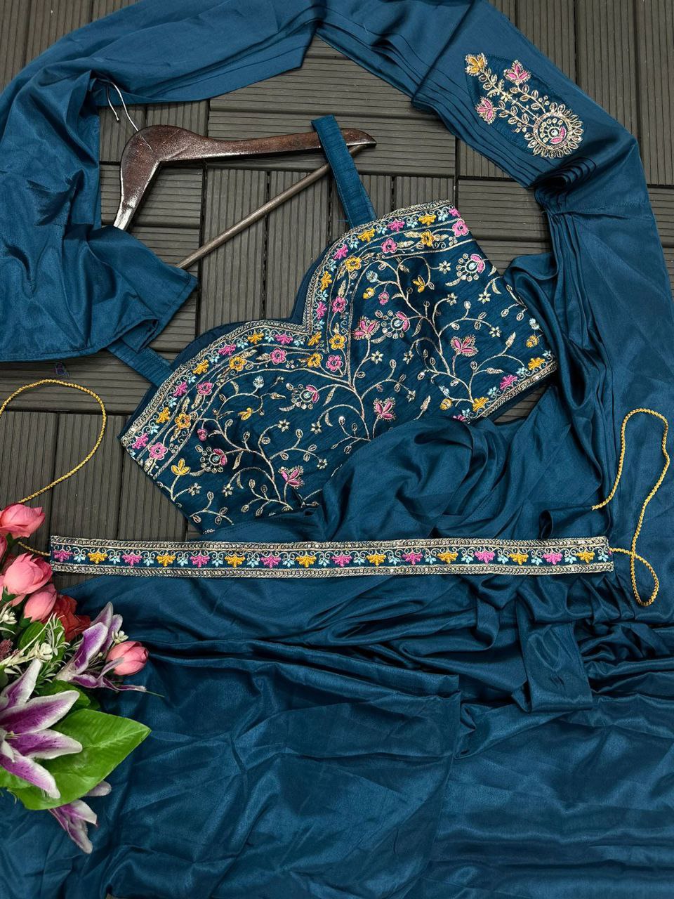 "Elegant Satin Embroidered Saree with Jalpari Jacket and Embroidery Belt"