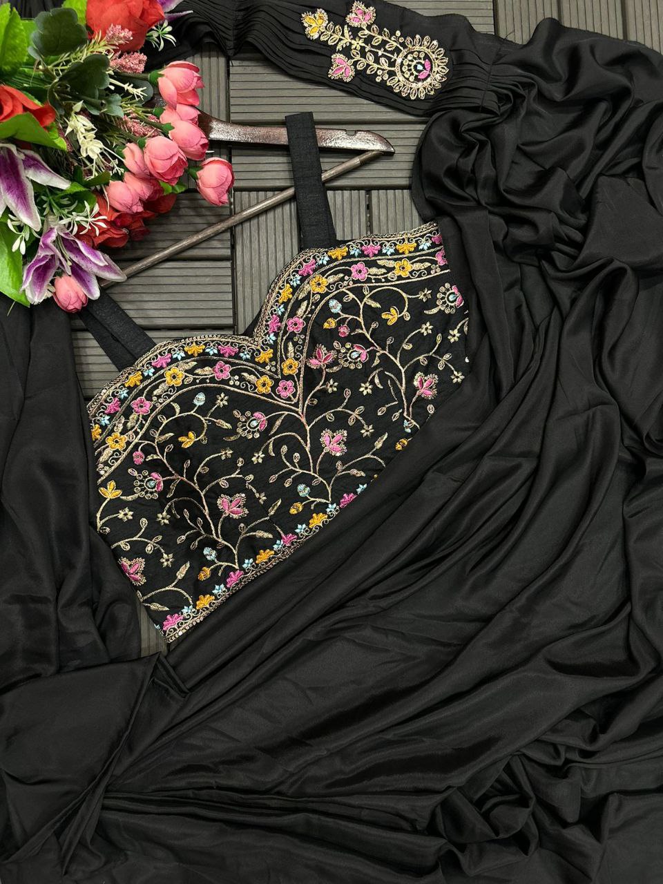 "Elegant Satin Embroidered Saree with Jalpari Jacket and Embroidery Belt"