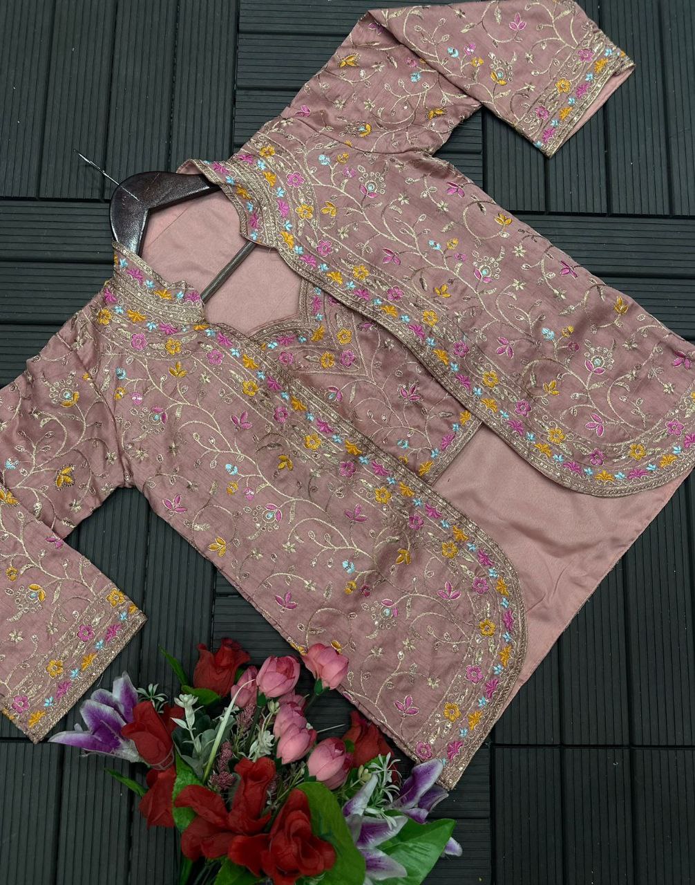 "Elegant Satin Embroidered Saree with Jalpari Jacket and Embroidery Belt"